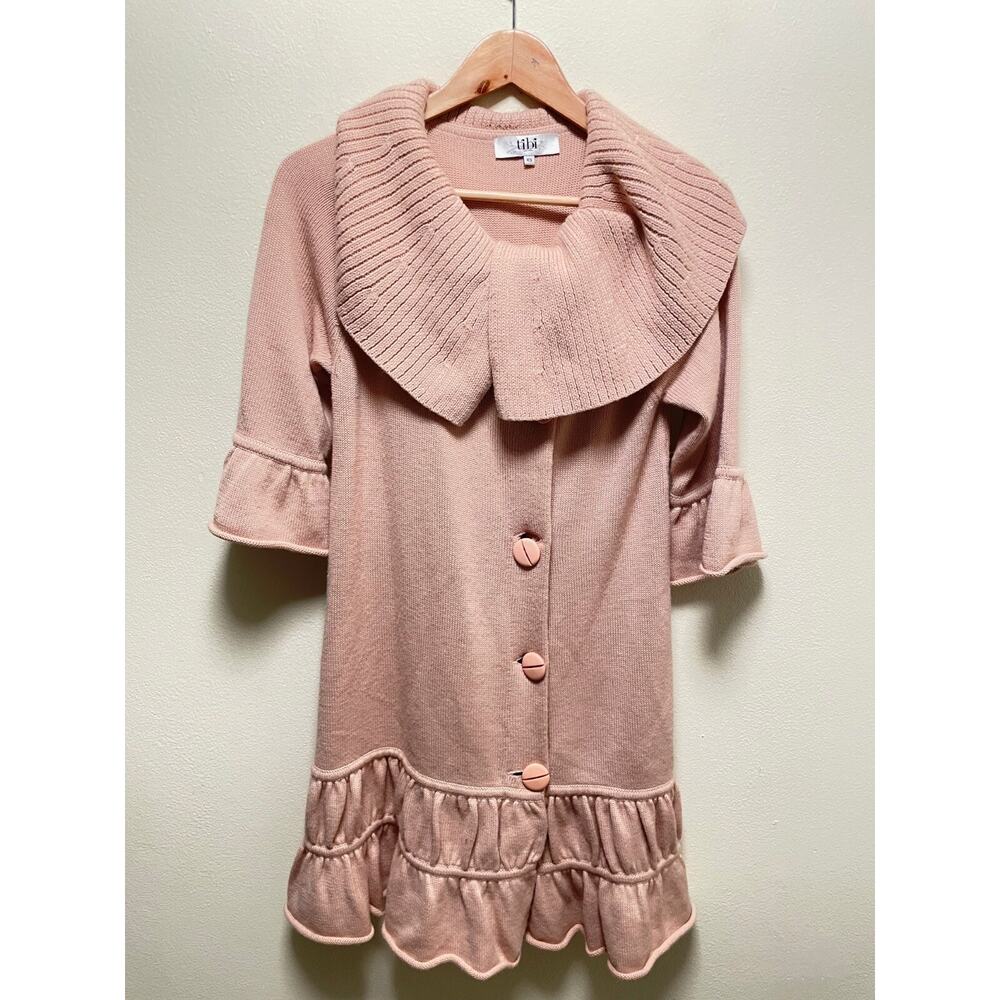 Tibi Womens Cardigan XS Pink Merino Wool Blend Shawl Collar Ruffle Duster Warm